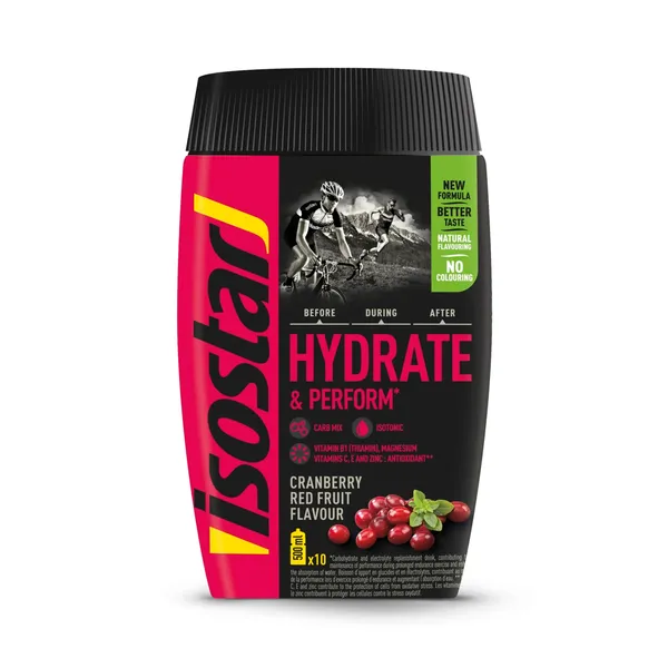 Pulveris Isostar Hydrate & Perform Antioxidants ar dzērveņu un sarkano augļu garšu 400g