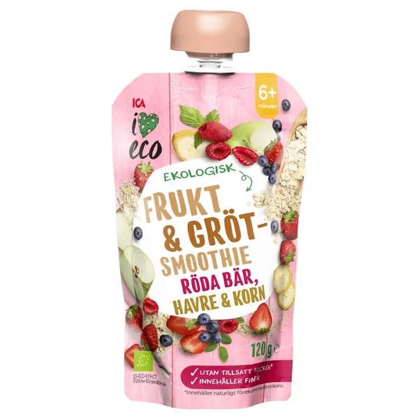 Ekoloģiska putra no augļu biezeņa un graudaugiem I Love Eco sarkano ogu, auzu un miežu,no 6 mēn. 120g