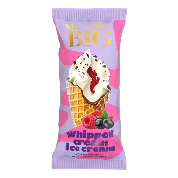 Putukrējuma saldējums Mr.Big ar aveņu-upeņu ievārījumu un piena šokolādes gabaliņiem vafeļu konusā 165ml/94g