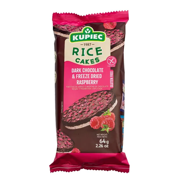 Rīsu galetes Kupiec ar beļģu tumšo šokolādi un aveņu gabaliņiem 70g