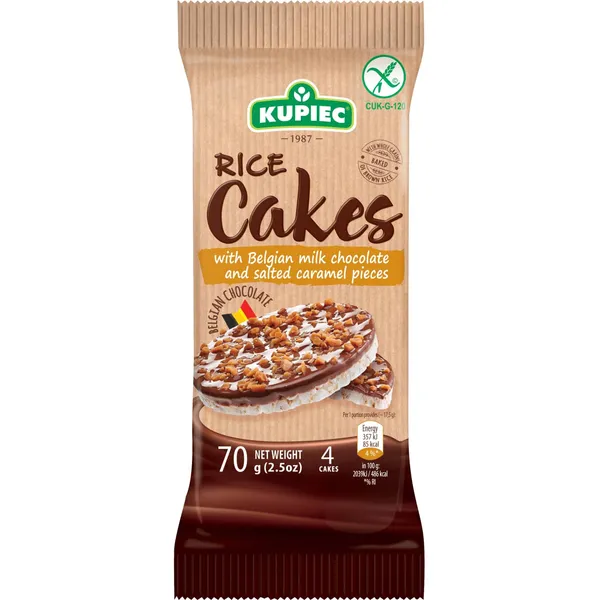 Rīsu galetes Kupiec ar beļģu šokolādi un sāļās karameles gabaliņiem 70g