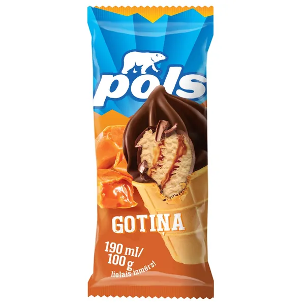 Krējuma karameļu saldējums Pols ar karameļu pildījumu, lazdu riekstiem un glazūru vafeļu glāzītē 190ml/100g