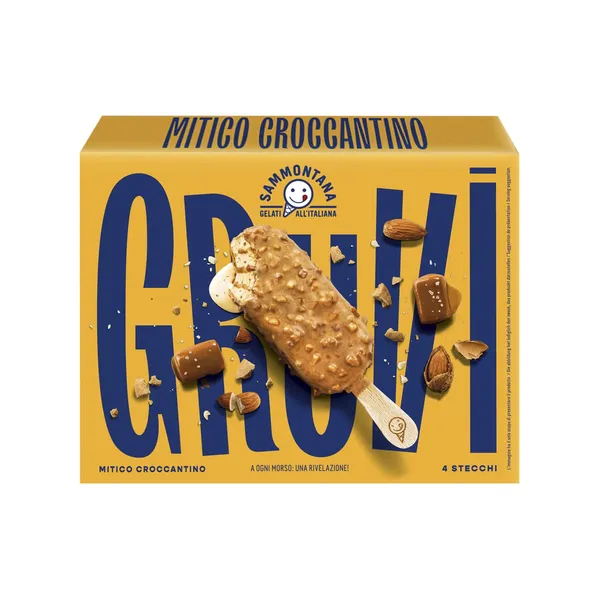 Saldējums Gruvi Croccantino ar vaniļas garšu, sāļiem karamelizēta cukura gabaliņiem, sāļās karameles pildījumu 4x60g