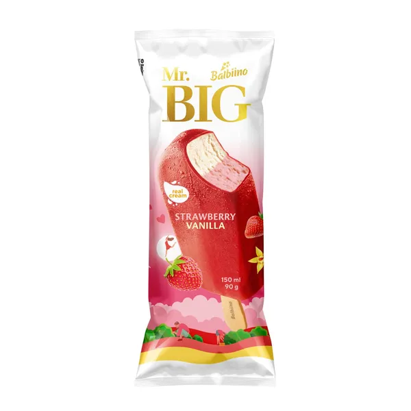 Krējuma saldējums Mr. Big ar zemeņu un vaniļas garšu, zemeņu glazūrā 150ml/84g