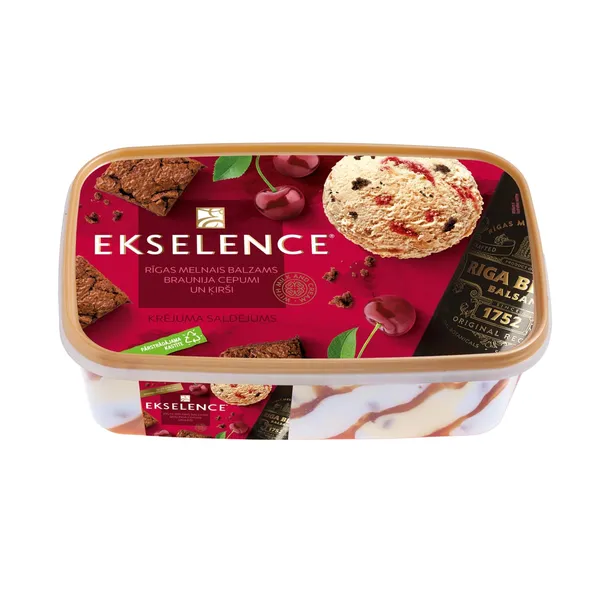 Saldējums ar liķiera garšu, ķiršu piedevu, braunija cepumiem, piena šokolādes gabaliņiem un Rīgas Melno Balzamu Ekselence 1000 ml/500 g
