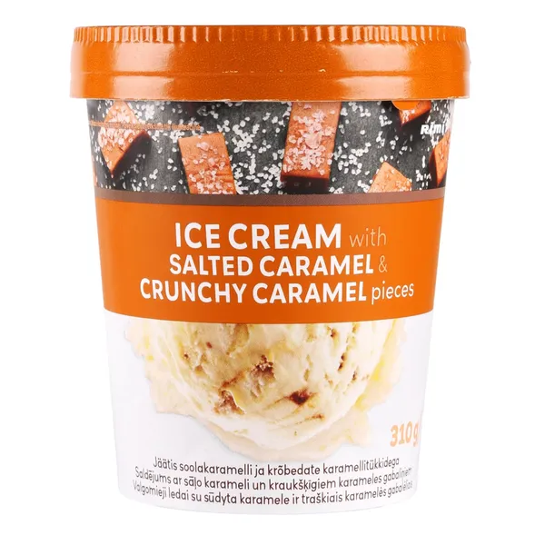 Saldējums Rimi ar sāļo karameli un kraukšķīgiem karameles gabaliņiem 310g/500ml