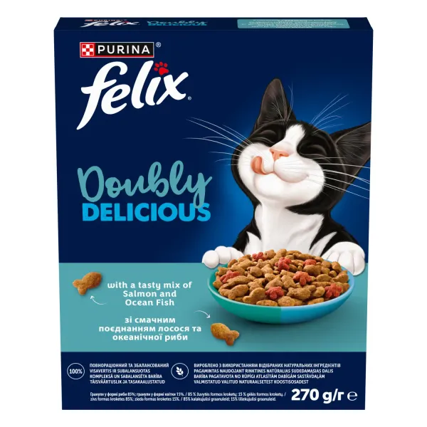 Sausā barība kaķiem Felix Doubly Delicious pieaugušiem kaķiem ar lasi un jūras zivi, bagātināta ar bietēm 270g