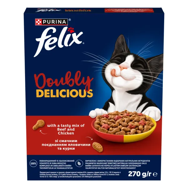Sausā barība kaķiem Felix Doubly Delicious pieaugušiem kaķiem ar liellopa un vistas gaļu, bagātināta ar bietēm 270g