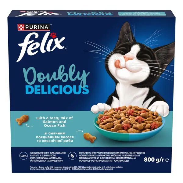 Sausā kaķu barība Felix Doubly Delicious pieaugušiem kaķiem ar lasi un jūras zivi, bagātināta ar bietēm 800g