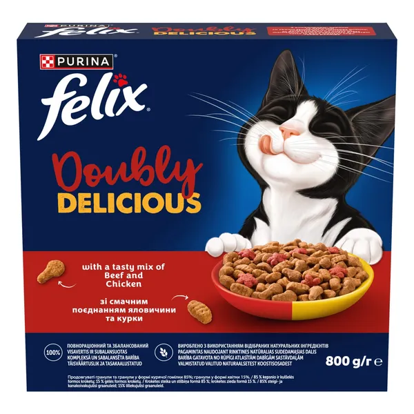 Sausā kaķu barība Felix Doubly Delicious pieaugušiem kaķiem ar liellopa un vistas gaļu, bagātināta ar bietēm 800g