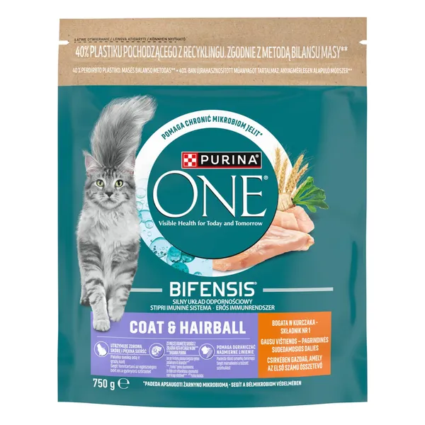 Sausā kompleksā dzīvnieku barība Purina One Coat&Hairball pieaugušiem kaķiem ar vistu 750g