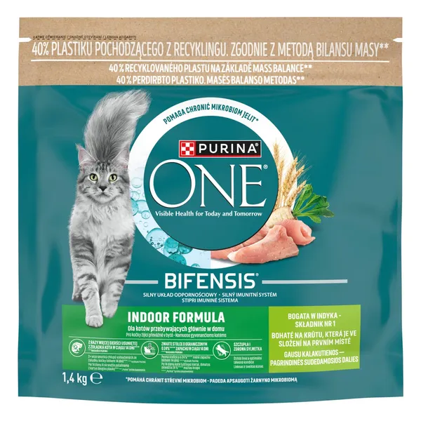 Sausā kompleksā dzīvnieku barība Purina One Indoor Formula pieaugušiem kaķiem ar tītaru 1,4kg