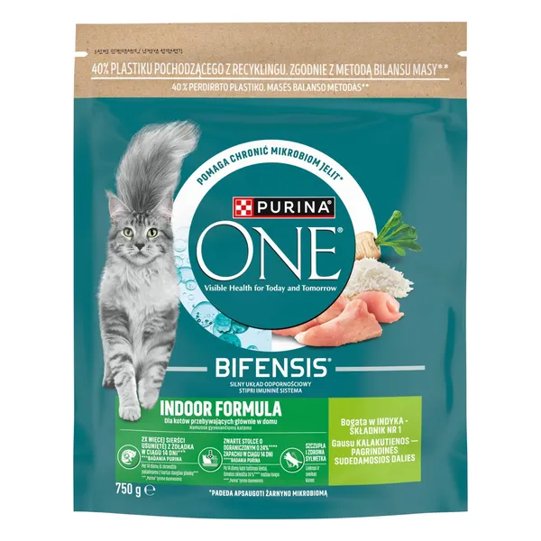 Sausā kompleksā dzīvnieku barība Purina One Indoor Formula pieaugušiem kaķiem ar tītaru 750g
