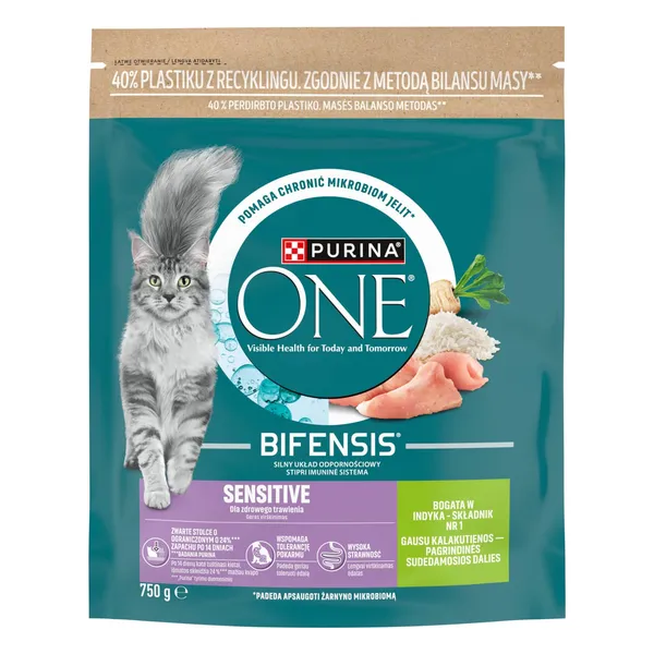 Sausā kompleksā dzīvnieku barība Purina One Sensitive pieaugušiem kaķiem ar tītaru un rīsiem 750g