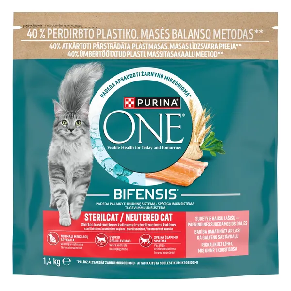 Sausā kompleksā dzīvnieku barība Purina One Sterilcat pieaugušiem kaķiem ar lasi un kviešiem 1,4kg