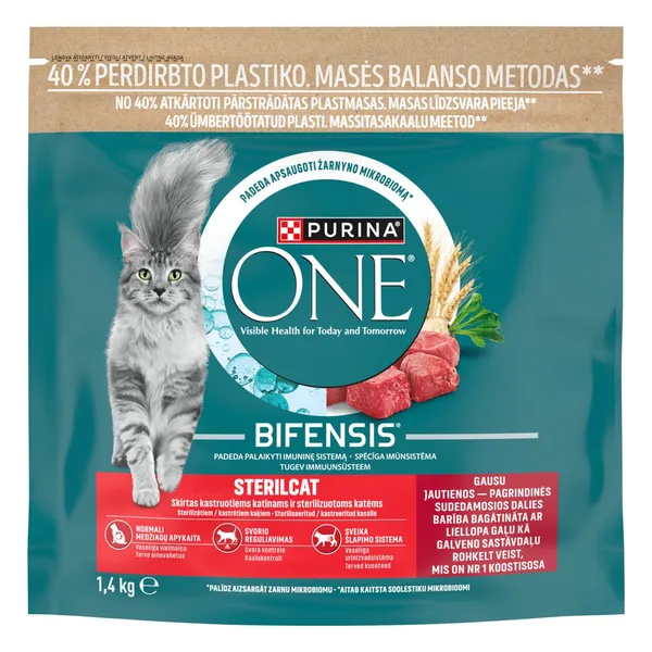 Sausā kompleksā dzīvnieku barība Purina One Sterilcat pieaugušiem kaķiem ar liellopu un kviešiem 1,4kg