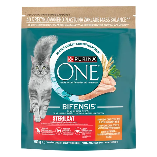 Sausā kompleksā dzīvnieku barība Purina One Sterilcat pieaugušiem kaķiem ar vistu un kviešiem 750g