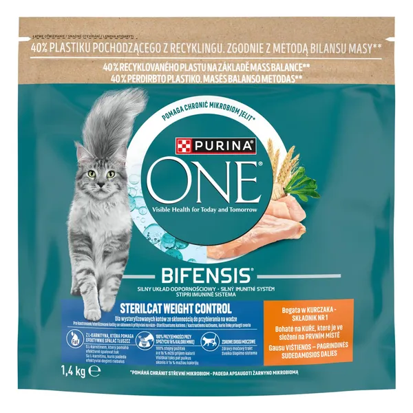 Sausā kompleksā dzīvnieku barība Purina One Sterilcat Weight Control pieaugušiem kaķiem ar vistu 1,4kg