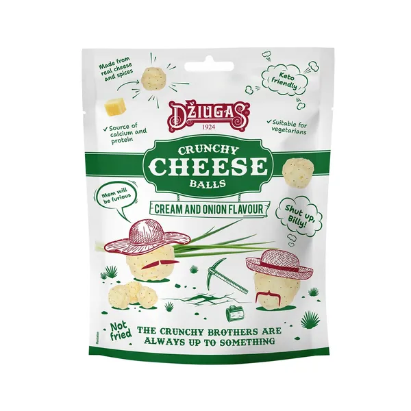 Kraukšķīgas, kaltētas siera bumbiņas Džiugas ar krējuma un sīpolu garšu 40g