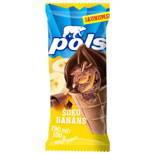 Krējuma šokolādes saldējums Pols ar banānu pildījumu un glazūru vafeļu glāzītē 190ml/100g