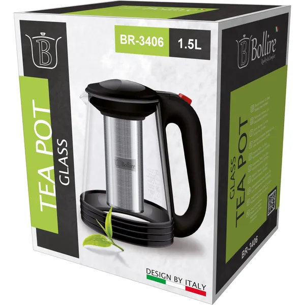 Stikla tējkanna Bollire 1,5L, 18/8 filtrs SS26