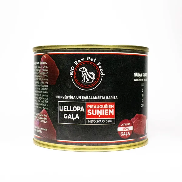 Pilnvērtīga un sabalansēta barība pieaugušiem suņiem liellopa gaļa Latvijas Gaļa 520g