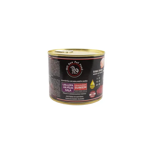 Pilnvērtīga un sabalansēta barība pieaugušiem suņiem liellopa un pīles gaļa Latvijas Gaļa 520g