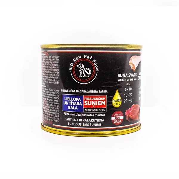 Pilnvērtīga un sabalansēta barība pieaugušiem suņiem liellopa un tītara gaļa Latvijas Gaļa 520g