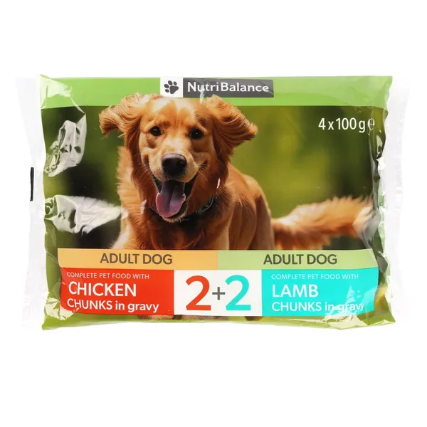 Suņu barība Nutribalance gabaliņi ar vistas gaļu mērcē, gabaliņi ar jēra gaļu mērcē 4x100g
