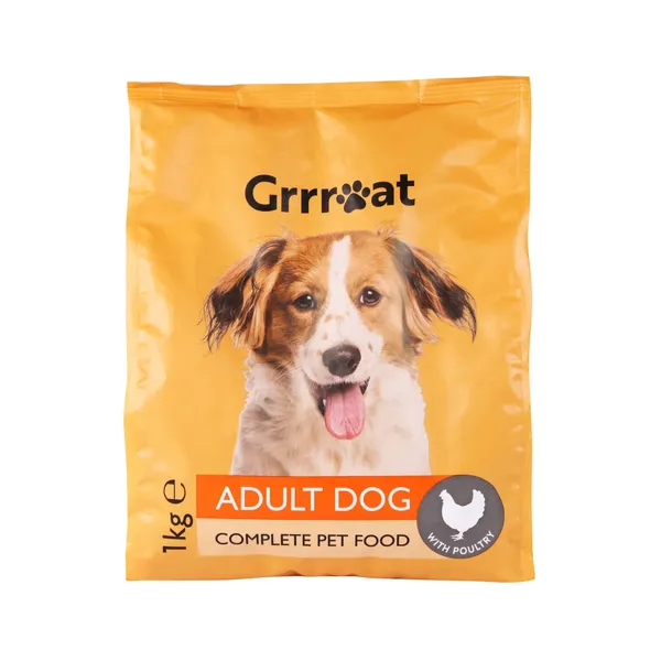 Suņu barība Grrreat ar mājputnu gaļu, kompleksā, visu šķirņu pieaugušiem suņiem 1kg