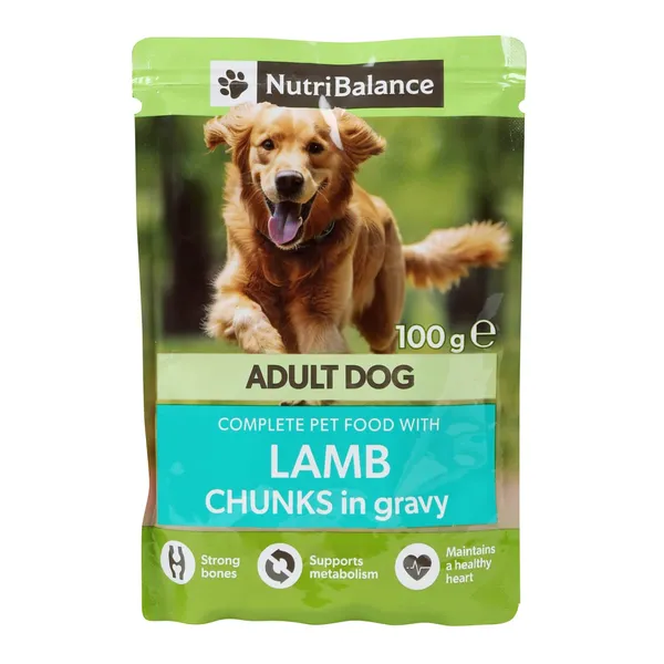 Suņu barība Nutribalance gabaliņi ar jēra gaļu mērcē 100g