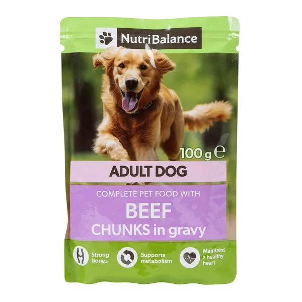 Suņu barība Nutribalance gabaliņi ar liellopa gaļu mērcē 100g