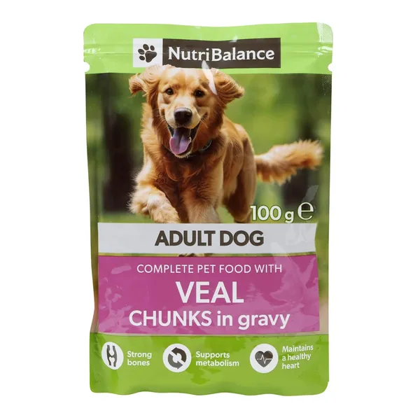 Suņu barība Nutribalance gabaliņi ar teļa gaļu mērcē 100g