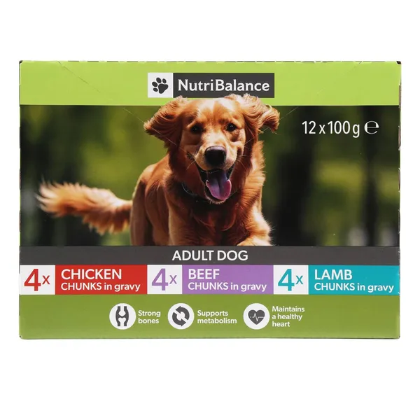Suņu barība Nutribalance gabaliņi ar vistas gaļu mērcē, gabaliņi ar liellopa gaļu mērcē, gabaliņi ar jēra gaļu mērcē 12x100g