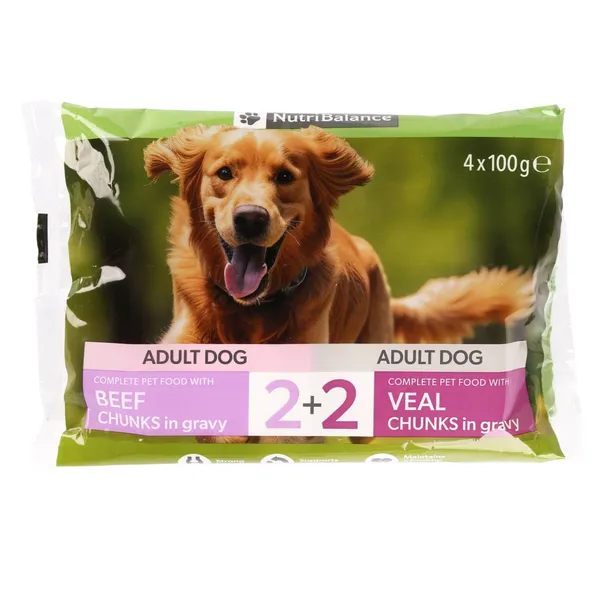 Suņu barība Nutribalance gabaliņi ar liellopa gaļu mērcē, gabaliņi ar teļa gaļu mērcē 4x100g