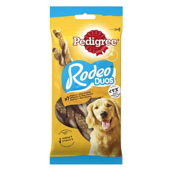 Suņu gardums Pedigree Rodeo Duos košļājamas pīnītes vistas un bekona garša 123 g