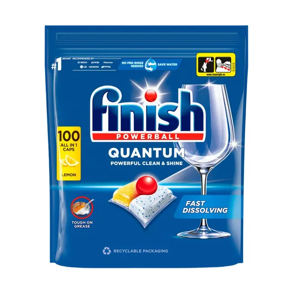 Trauku mazgājamās mašīnas mazgāšanas līdzekļa kapsulas ar citronu aromātu Finish Powerball Quantum All in 1 100 gab.