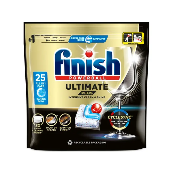 Trauku mazgājamās mašīnas mazgāšanas līdzekļa kapsulas ar cepamo sodu Finish Powerball Ultimate Plus 25 gab.