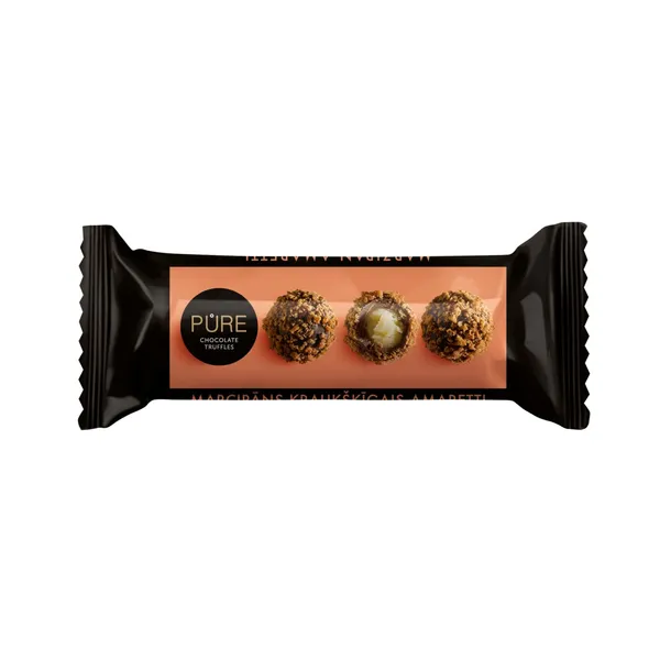Šokolādes trifeles Pure Chocolate ar marcipāna krēma pildījumu un kraukšķīgo amaretti cepumu dekoru 32g