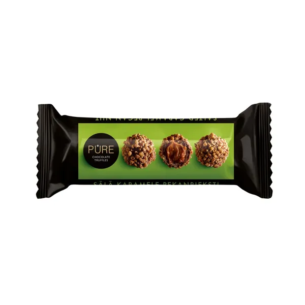 Piena šokolādes trifeles Pure Chocolate ar sāļās karameles krēma pildījumu un pekanriekstu dekoru 38g