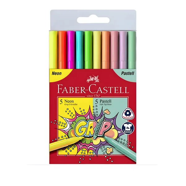 Trīsstūrveida flomāsteri Faber Castel 5 pasteļu un 5 neona krāsas