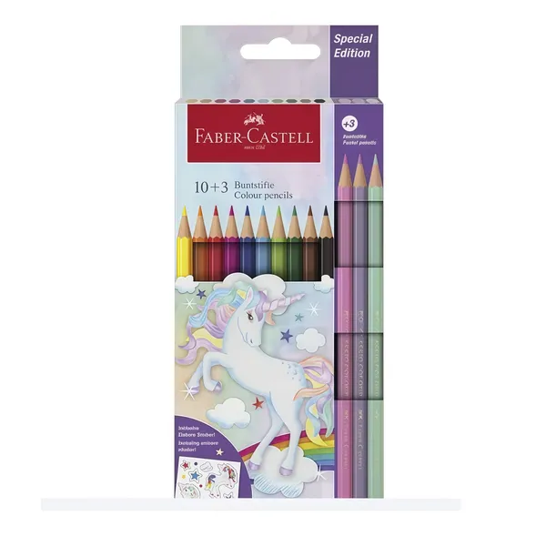 Trīsstūrveida krāsainie zīmuļi Faber-Castell Colour Grip Unicorn 10+3 krāsas