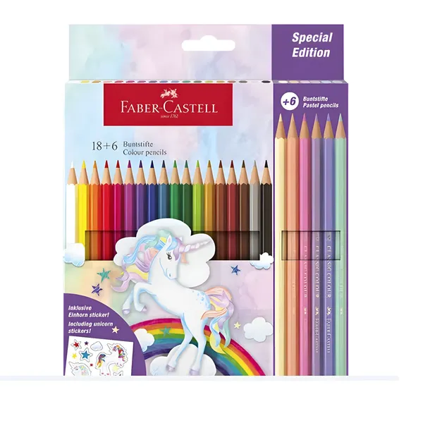 Trīsstūrveida krāsainie zīmuļi Faber-Castell Colour Grip Unicorn 18+6 krāsas