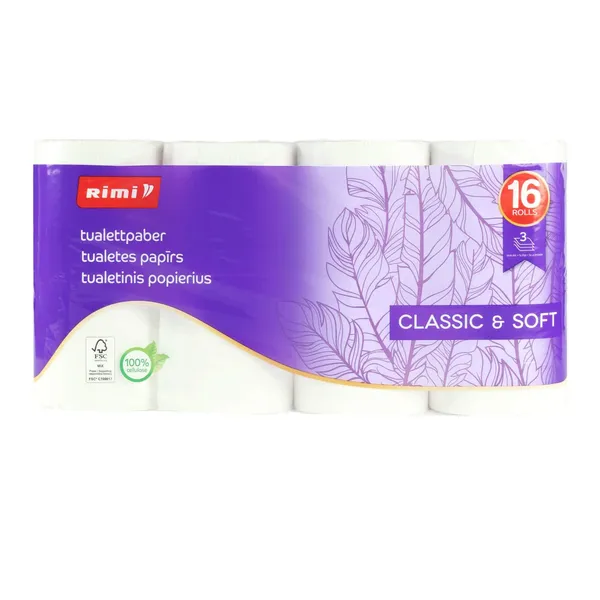 Tualetes papīrs Rimi 145 sloksnes, 3 slāņi, 16 ruļļi