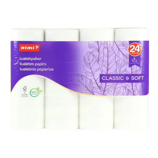 Tualetes papīrs Rimi 145 sloksnes, 3 slāņi, 24 ruļļi