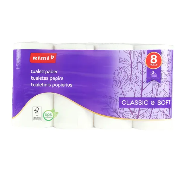 Tualetes papīrs Rimi 145 sloksnes, 3 slāņi, 8 ruļļi