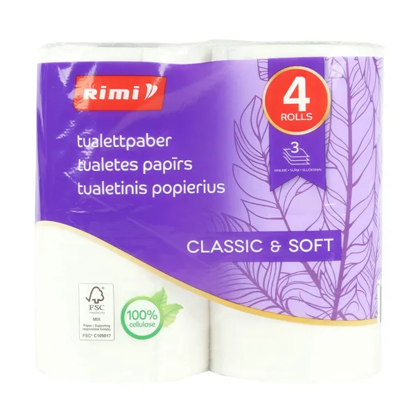 Tualetes papīrs Rimi 145 sloksnes, 3 slāņi, 4 ruļļi