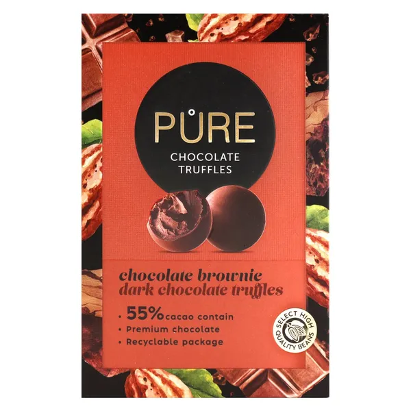 Tumšās šokolādes trifeles Pure Chocolate ar šokolādes braunija krēma pildījumu 148g