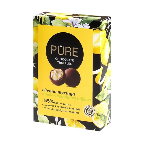 Tumšās šokolādes trifeles Pure Chocolate ar kraukšķīgo citronu meringas krēma pildījumu 148g
