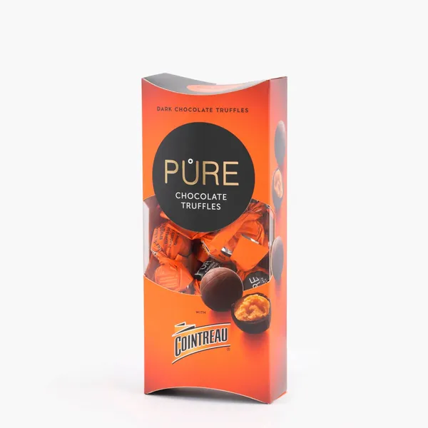 Tumšās šokolādes trifeles Pure Chocolate ar apelsīnu liķiera Cointreau krēma pildījumu 108g